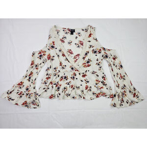 Day Trip Floral Crinkle Ruffle Top Cold Shoulder Ivory Women's Size M